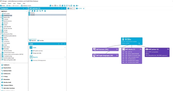 Figure 8: Once the S/4 HANA system has been successfully connected with the appropriate Client(s), Users, and attributes mapped, the data model is synchronized into One Identity Manager. Showing the system overview with the SAP clients. 